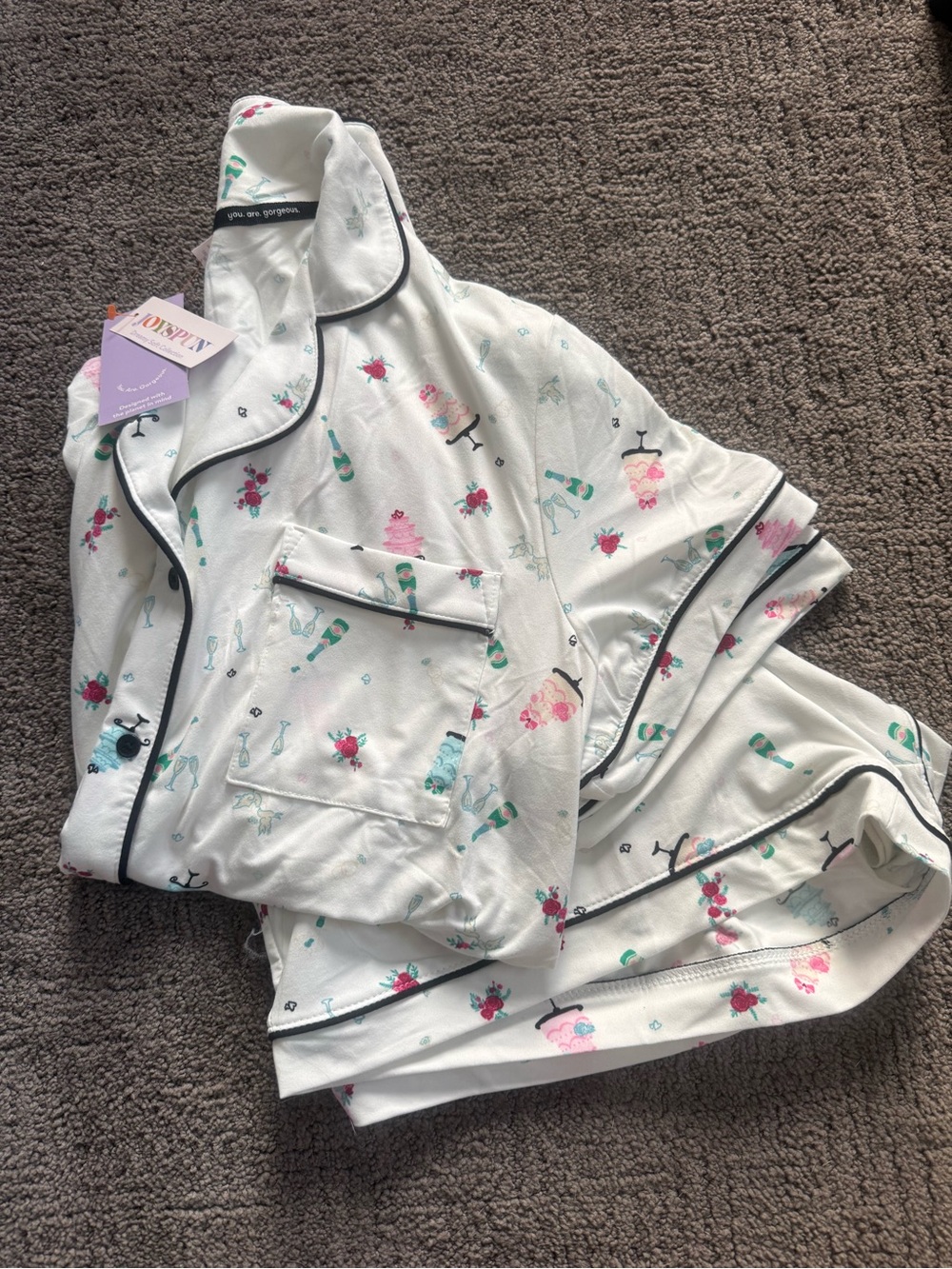 White bridal Pajama Set with Black Piping